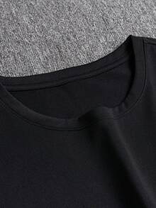 Camiseta Casual de Manga Corta con Cuello Redondo para Hombre - Cómoda para todas las estaciones, tejido de punto ligeramente elástico, camiseta deportiva de color sólido, corte regular adec - Negro - Ver 3
