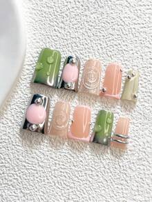 10pcs Avant-Garde Handmade Press-On Nails, Polygel Nail Art Set, Line Art Design, Yellow And Brown Nail Polish, Casual Style, Includes Nail Tools, 3 Sizes Available, Almond/Duck/Coffin Shape, Suitable For Party, Dancing, Daily Wear - Multicolor - View 17