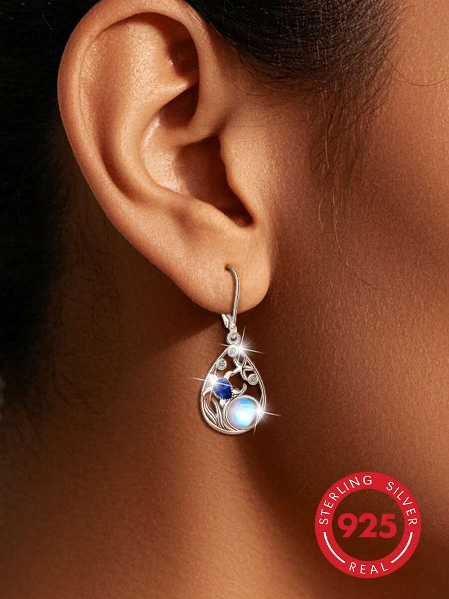 1 Par de Brincos de Prata Esterlina 925 com Tema de Oceano de Verão, com Moonstone Simulado e Cubic Zirconia, Projetado com Tartaruga do Mar e Estrela-do-mar, Adequado para Uso Diário, Viagem, Férias na Praia, Também Ótimo para Presentes de Feriado ou Aniversário - Prata - Visão 1