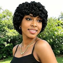 10-Inch Loose Curly Wave Pixie Cut Wig Made From Natural Hair, Featuring Bangs And A Breathable Rose Net Cap, Ideal For Women Wanting A Chic And Easy-To-Wear Style - Natural Black - View 9
