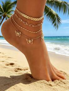 5pcs European And American Style Hollow Butterfly Pendant Anklet Set, Fashionable Minimalist Chain Anklet, Hawaiian Beach Chain - Gold 4-piece Butterfly Anklet - View 5