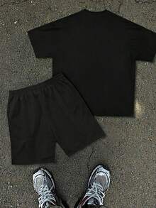 Men's 2-Piece Set: Mixed Emotion Angel Knight Print Crew Neck Tee & Drawstring Shorts, Lightweight Breathable Summer Outfit, Great Gift For Dad/Boyfri - Black 4 - View 2