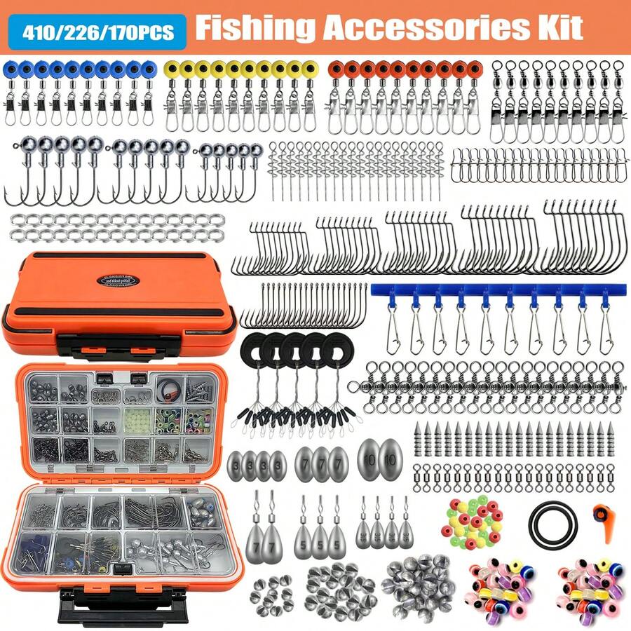 410/226/170件專業釣具套裝，包含釣具盒、釣鉤、鉛錘、轉環，適用於鱸魚、鱒魚及海水釣魚 | 完整路亞配件組 | 高級防鏽