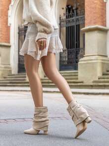 Women's Solid Color Pointed Toe Zipper Mid-Calf Boots With Buckle - Beige - View 1