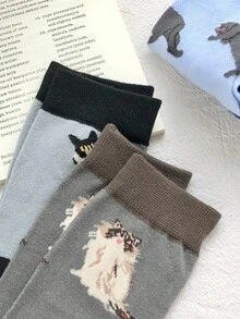 1/5 Paar blaue niedliche Katzenmuster lange Socken, Damen lustige lässige Tierserie Socken, atmungsaktive und feuchtigkeitsableitende Sportsocken, geeignet für Outdoor-Sport, Heimfitness, tägliches Pendeln - Verschiedenfarbig - Übersicht 7