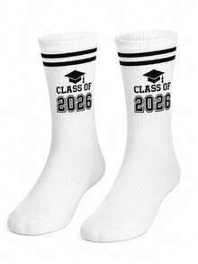 1/5 Pasang Kaos Kaki Motif Topi Wisuda 2026, Kaos Kaki Olahraga Garis-Garis Retro Setinggi Betis, Hadiah Wisuda untuk Pria - Putih - View 3