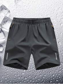 Men's High-Performance Casual Loose Quick-Dry Solid Color Sports Shorts With Reflective Strip Design, Pockets, Zipper And Waist Drawstring - Grey - View 2