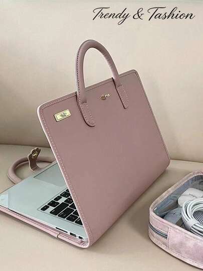 1pc Premium Pink Laptop Bag Waterproof Anti-Scratch Leather Business Style Lightweight Foldable Large Capacity Portable Tote Handbag