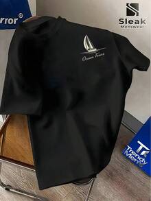 ITALIAN RIVER Italian Coast Men's Sailing Short Sleeves Arched Retro English Lettering With Easy Sailing Motif Slogans PORTOFINO And SAILBOATS Decorated With Italian Coastal Motifs Amb - Black - View 2