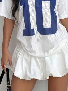 女款復古 #10 印花 V 領網眼寬鬆運動 T 恤，寬鬆 V 領網眼運動上衣配條紋袖口，休閒夏季款 - 藍白色 - 查看 5