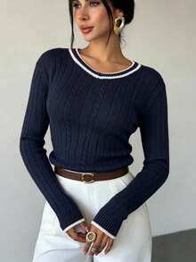 Women's Contrast Color Ribbed Ribbed Long Sleeve V-Neck Pullover Sweater, Suitable For Autumn/Winter Wear, Casual Daily Outings And Gatherings Fall - Royal Blue - View 1