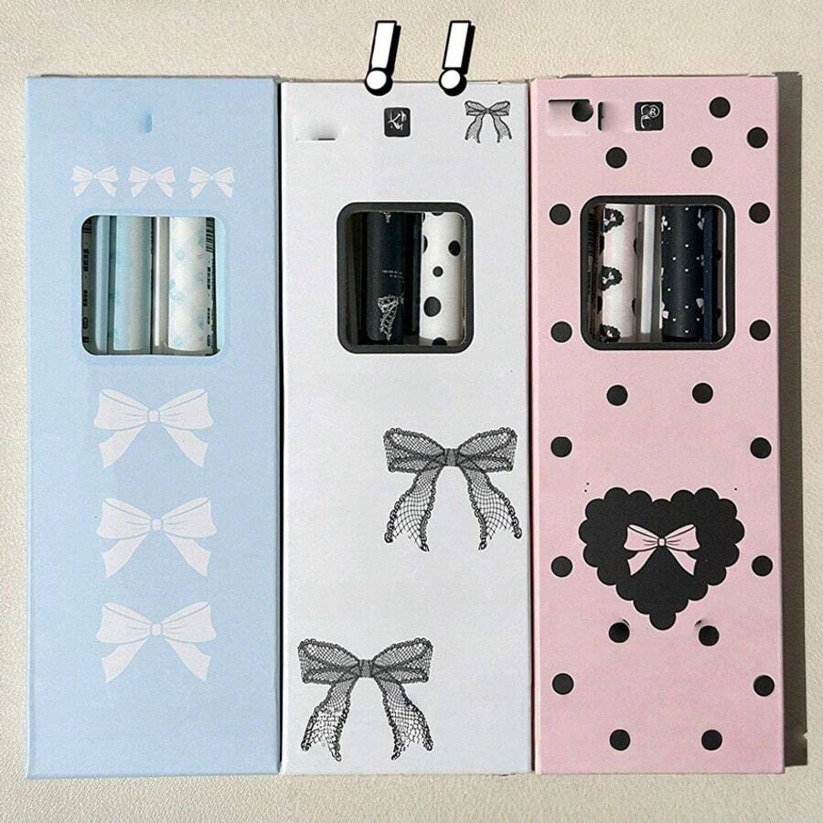 4pcs Coquette Aesthetic Gel Pens, Bow Lace & Polka Dot Pattern, 0.5mm Black Ink Retractable Pens, Cute Stationery For Journaling, Office & School Use - Sets - View 1