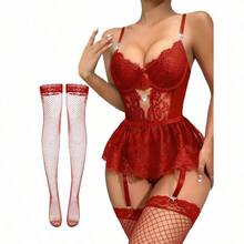 Lilosy Sexy Stocking Rhinestones Heart Garter Underwire Floral Mesh Lace Sheer Babydoll Lingerie Teddy Bodysuit Skirt Set - 紅色 - 查看 1