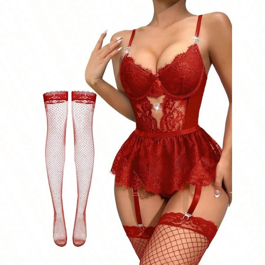 Lilosy Sexy Stocking Rhinestones Heart Garter Underwire Floral Mesh Lace Sheer Babydoll Lingerie Teddy Bodysuit Skirt Set - 紅色 - 查看 1