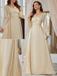 Elegant Women's V-Neck Long Sleeve Arabic Style Maxi A-Line Dress With Side Tie Wedding Party - Light Yellow - View 4