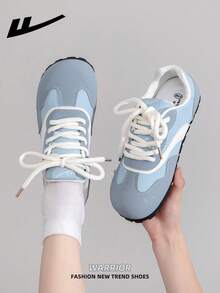 WARRIOR Damen Freizeitsneaker mit dicker Sohle, Schnürung und weichem Fußbett, Low-Top flache Outdoor-Schuhe, Sommer-Pendler-Schuhe, runde Zehenpartie, niedriger Absatz, rutschfest, einfarbig, elegant, weiche Sohle, für Ausflüge und Wandern, geeignet für Studentinnen und Abschlussfotos, Damen Low-Top Mikrofaser Sport-Skateboard-Schuhe - hellblau/blau - Übersicht 7