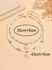 2pcs Bohemian Style Mixed Color Seed Bead Beaded Exquisite Shell & Starfish Pendant Necklace For Girls, Beach Vacation Double Layer Stacked Collarbone Chain, Random Color Placement Of Seed Beads - Multicolor - View 3
