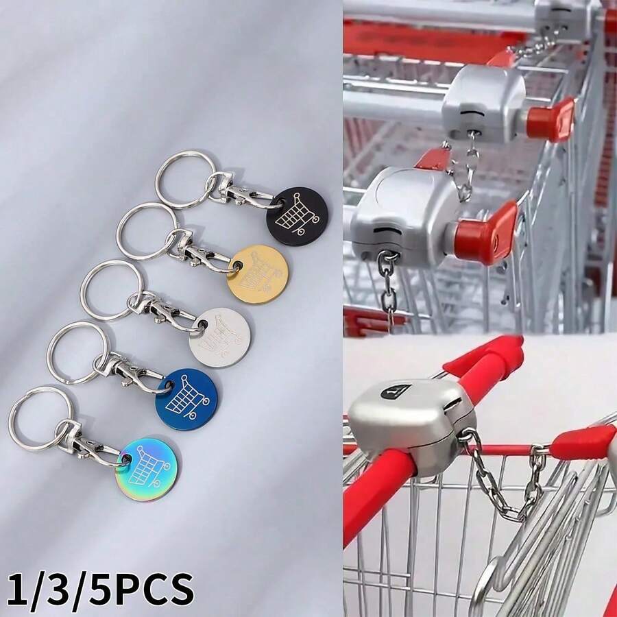 1pc/3pcs/5pcs Shopping Cart Token Supermarket Metal Stainless Steel Keychain, Key Ring Decoration With Lock (Different Supermarket Shopping Cart Lock Structures May Vary, Please Check The Size Marked In Our Store Before Ordering To Ensure Compatibility And Avoid Size Mismatch.) - Multicolor - View 1