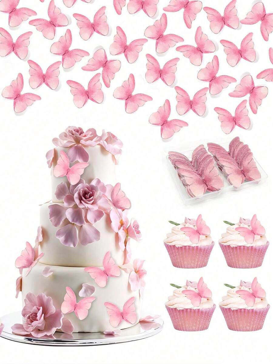 48/24入 蝴蝶蛋糕裝飾 3D蝴蝶杯子蛋糕插卡 仙女生日蛋糕插牌 婚禮生日派對蛋糕裝飾 春夏蛋糕裝飾