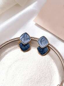 1 Youduiya Dual-Tone Drip Oil Stud Earrings, Blue Square Dangle Earrings, Fashionable Women's Jewelry, Suitable For Summer, Daily, Dating And Festive Occasions - Gold + Blue - View 5