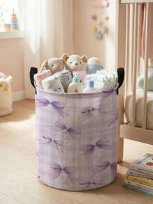 1pc Bow Pattern Printed Large Capacity Foldable Round Storage Basket With Handle, Multi-Purpose Storage Basket For Nursery, Baby Diaper, Clothes, Toys And Other Accessories - Multicolor - View 23