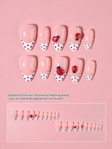 30pcs Short Almond Press-On Nails, 3D Gel Ladybug Pattern Design, White Polka Dot French Style, Set Includes: 1pc Jelly Glue And 1pc Nail File. Summer Nail Art. - Multicolor - View 4
