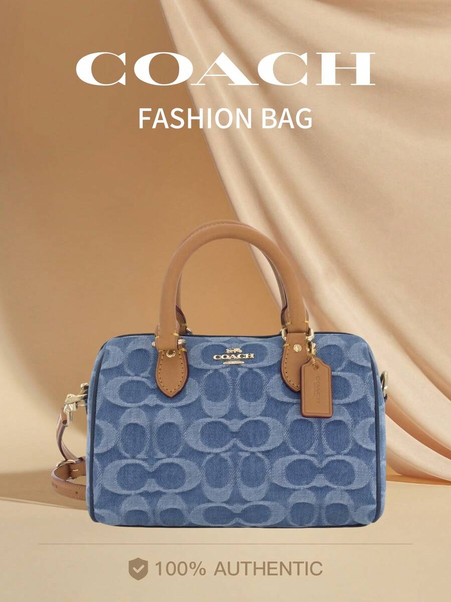 Coach Rowan 18 Monogram Zippy Small Satchel Purses Boston Handle Handbag - Denim Blue - View 1