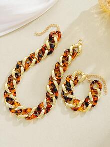 2pcs Simple Fashionable Exaggerated Old Money Style Chunky Chain Necklace & Bracelet Jewelry Set For Women, Sisters, Vacation, Date, Daily Casual, Wedding, Gift - Multicolor - View 2