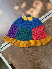 Colorful Handmade Contrast Color Minimalist Niche Design Crochet Hollow Drape Bucket Hat For Women, Artistic Face-Slimming Bucket Hat, Maillard Handmade Knitted Bucket Hat - Multicolor - View 20