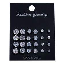 12 pares de pendientes de cristal para mujer, set de pendientes de strass de tamaños mixtos - Plateado - Ver 14