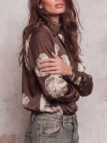 Damen Bluse mit Blumenmuster und langen Ärmeln, elegant, lässig, vielseitig, für den täglichen Gebrauch und Pendeln, für alle Jahreszeiten - Kaffeebraun - Übersicht 3
