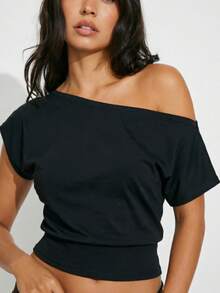 Women Off Shoulder T-Shirts Solid Color Short Sleeve Cinched Waist Cropped Going Out Tops For Summer - Black - View 4