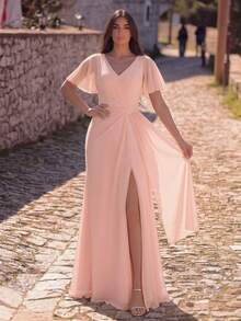 EVERPRETTY Summer Solid Color Ruched Bust Elegant Pink Bridesmaid Dress Suitable For Wedding Guest Dinner Dating Other Formal Occasions - Pink - View 1
