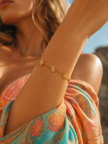 Zartes Gänseblümchen-Blumen-Gliederkettenarmband Boho Chic Sommer Strand Edelstahl 18K Gold PVD beschichtet wasserdicht anlaufbeständig Damenschmuck - Gold - Übersicht 4