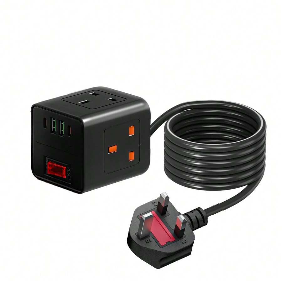 1.8m 7-In-1 Power Strip With 4 USB Ports & 1 Type-C Port, 2500W, AC Outlet, Suitable For Kitchen, Living Room, Office, Bedroom, Black/White