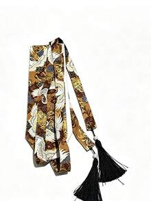 Vintage Japanese Crane Pattern Wide Waist Belt, Women's Tassel Pendant Floral Print Kimono Obi Belt, Fashionable Sino-Japanese Fusion Waistband - Multicolor - View 5