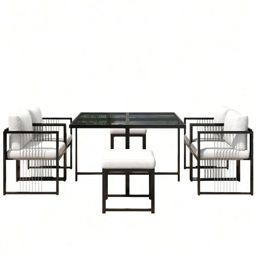 7-Piece Outdoor Dining Set (Table And Chairs) For 6 People, Tempered Glass Table, Ideal For Meals In The Garden Or On The Terrace. - 黑與白 - 查看 1