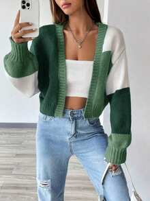 Women's Short Knitted Cardigan For Spring And Summer, Color-Blocked Open-Front Lantern Sleeve Loose Casual Sweater, Casual Preppy Style - Green - View 6