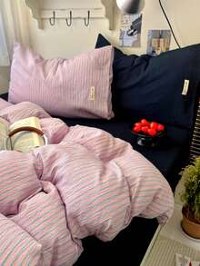 少女風粉藍海軍藍條紋 4 件組重磅皺紋紋理床上用品套組，可水洗，單人與雙人尺寸，無內填充物 - 淺粉色 - 查看 2