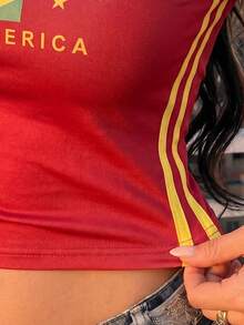 女款紅色圖案印花不對稱肩拼接色塊短袖上衣 收腰顯瘦 性感 春夏節慶派對穿搭 - 紅色 - 查看 6