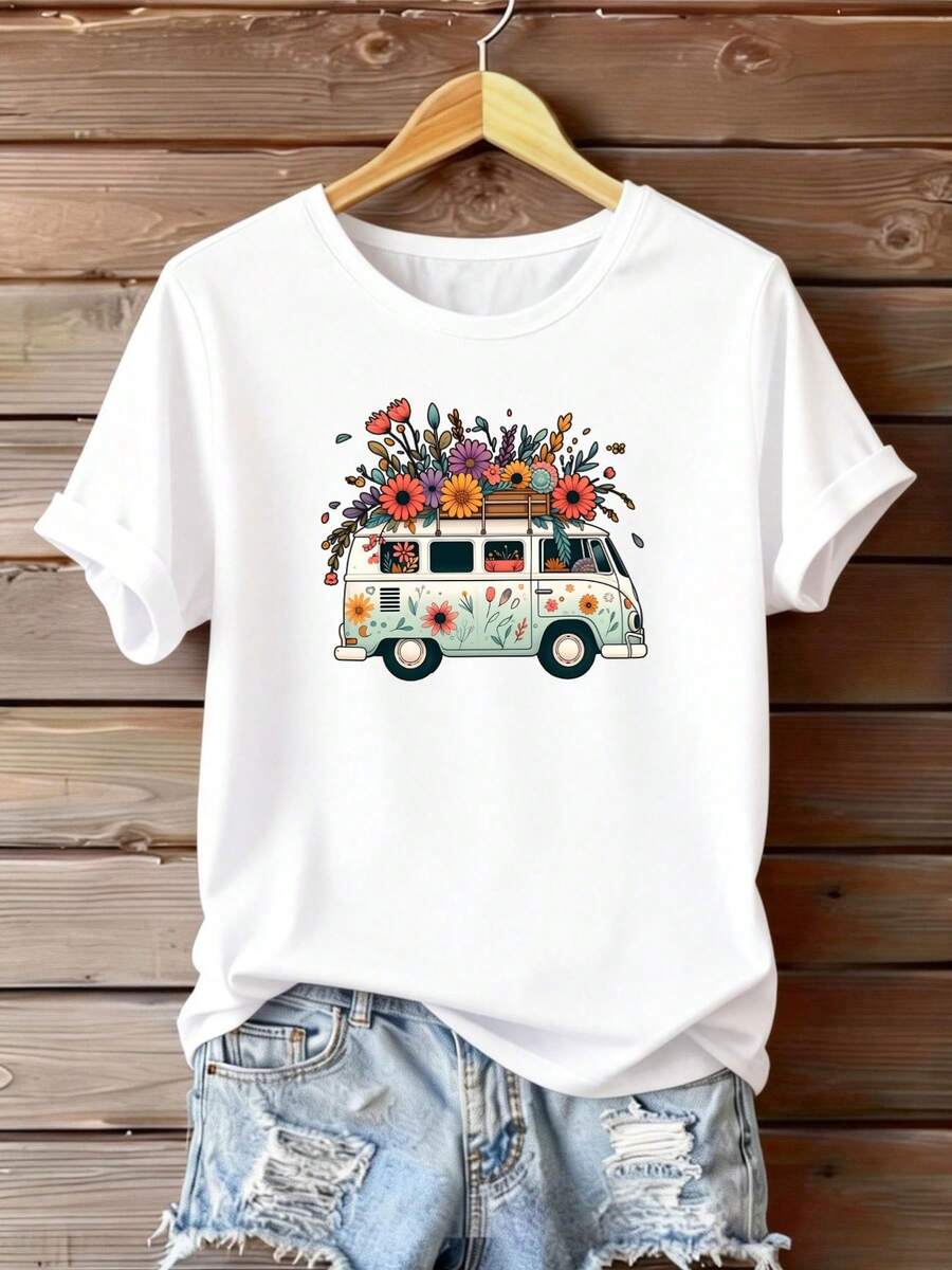 1 Piece Women's Short Sleeve T-Shirt With Vintage Floral And Nature Bus Print - Casual Round Neck Blouse - Comfortable Top For Casual Outfits. - 白色 - 查看 1