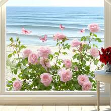 1pc Romantic Pink Rose Glass Sticker With Butterfly Decoration, Waterproof Self-Adhesive Decorative Decal For Bedroom, Living Room And Window - Multicolor - View 3