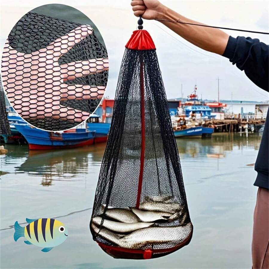 1 pieza Bolsa de pesca de malla de nailon con cuerda larga y cordón, red de retención de pesca para exteriores, diseño ligero, transpirable y reforzado, herramienta accesoria de pesca, mini red de retención de peces, bolsa de malla tejida plegable de secado rápido - Negro - Ver 1