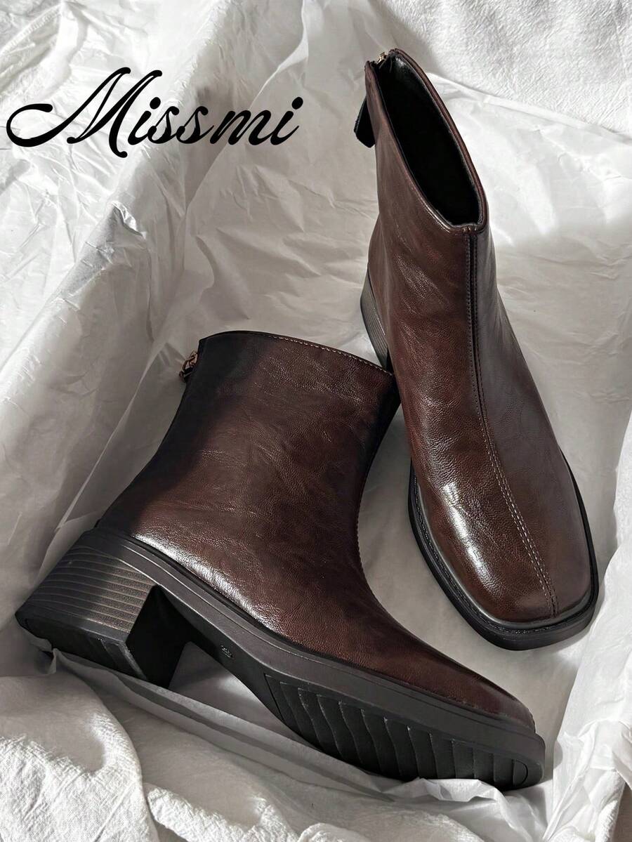 Fall/Winter Chelsea Boots For Women, Leather Upper, Chunky Heel, Square Toe, Thermal Lining, Elastic, Slim Fit, Ankle Boots