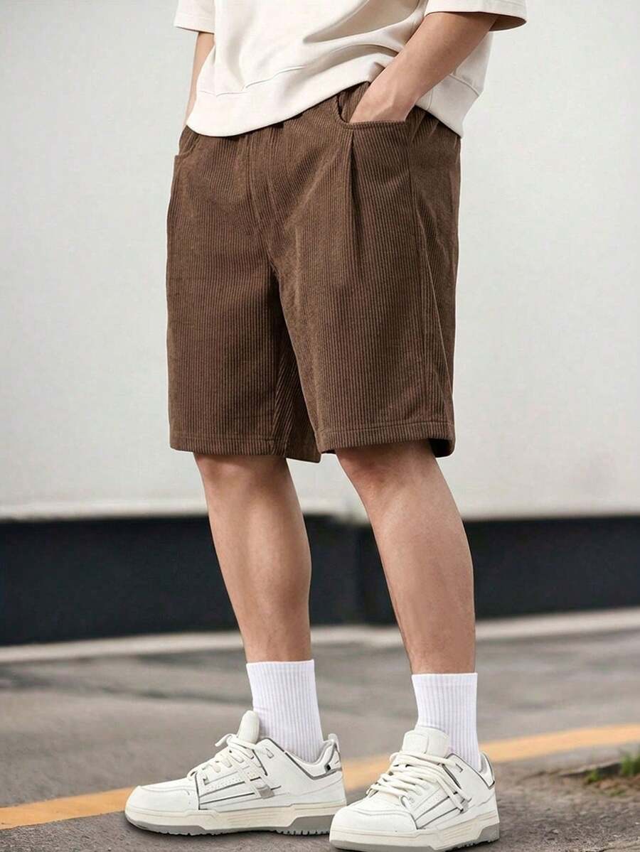 1件青少年男孩夏季簡約時尚素色燈芯絨休閒直筒短褲 - 棕色 - 查看 1