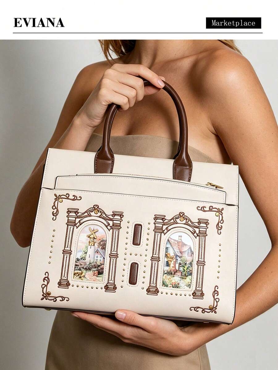Niche Design High-End Embroidered Fairy Cat Large Capacity Women's Tote Bag, Luxury Cute Cat Bag, Chic Vintage Heavy-Duty Large Capacity Commuter Shoulder Crossbody Bag PU