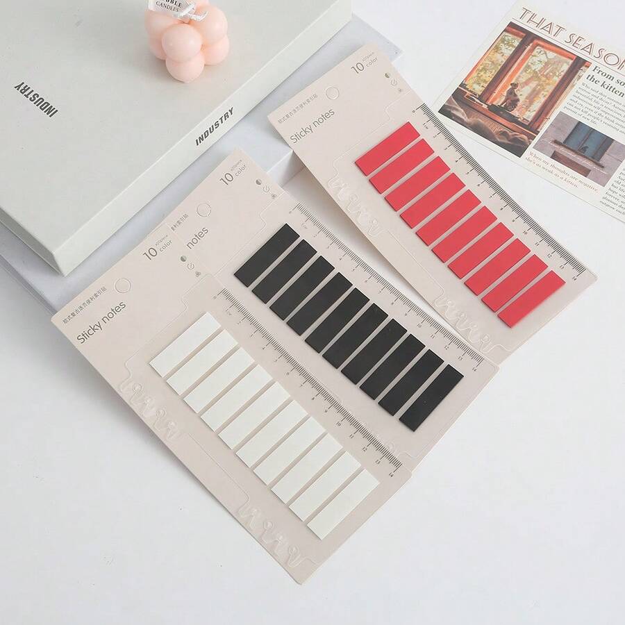 Solid Color Long Strip Transparent PET Index Tabs With Ruler Paper Card, Minimalist Writable Self-Adhesive Page Markers, Clear Sticky Flags For Book Annotation, Journal Making, School & Office Stationery Supplies - Multicolor - View 1