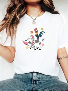 (Loose Version)Authentic Disney Women's Summer Apparel: Disney Moana Cartoon Floral Pattern T-Shirt Featuring Pua The Piglet And Heihei The Rooster - White - View 3