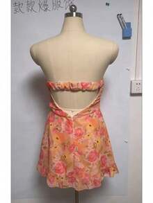 Vestido de mujer estilo boho floral sin tirantes con top palabra de honor y lazo frontal, elegante vestido corto de corte A con bajo acampanado. - Naranja - Ver 3