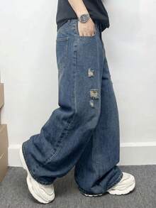 LIYS 男款復古水洗深藍色破洞寬版寬腿牛仔長褲休閒牛仔褲 - 藍色 - 查看 4